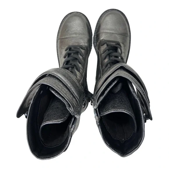DKNY Women's Gunmetal Leather Buckled Quilted Block-Heel Combat Boots Size 6 NWT